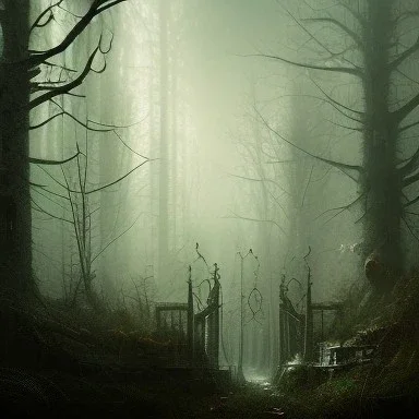 dystopian surrealism, dark horror fantasy, hdr, artstation intricate details, demonic, dark art, dark noir, neoclassical gothic horror, forest, shadows, foggy, silhouette,