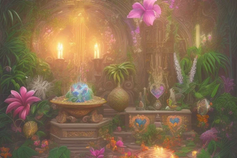 Tropical flowers,heart drawing, crystals, tropical leaves, sacred altar, Fantasy temple