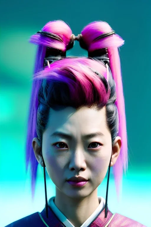 portrait, Asian woman samurai warrior :: symmetry photography, cyberpunk style, pink hair, black samurai army, katana, japanese traditional ornaments, pink, white, black, led wires, glow eyes, cinematic, Ultra realistic, dark scene, soft color, highly detailed, unreal engine 5, RTX, ultra detail, 3d, finely drawn, high definition.