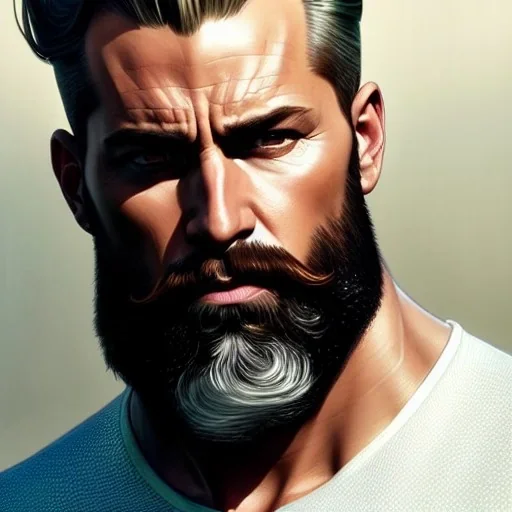 "MIddle aged white human male, with a trimmed but uneven beard, piercing green eyes with slick back hair, full-scale head and shoulders portrait, 8k resolution concept art portrait by Greg Rutkowski, Artgerm, WLOP, Alphonse Mucha dynamic lighting hyperdetailed intricately detailed Splash art trending on Artstation triadic colors Unreal Engine 5 volumetric lighting Splash art fantasy"