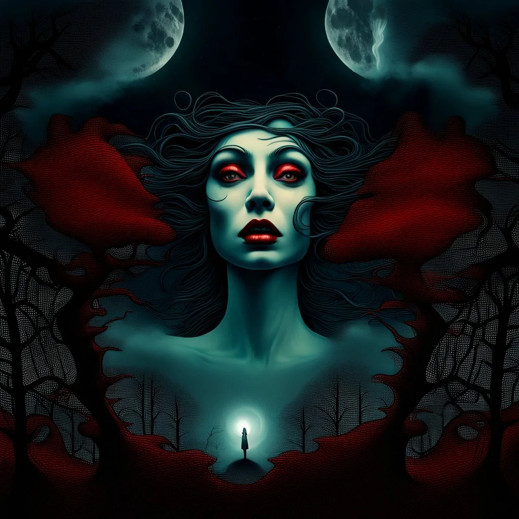 This haunting digital artwork depicts a surreal and dreamlike scene in a forest setting at night. The central focus is a massive, spiritual face seemingly created by swirling clouds or smoke against the background of the night sky. The face looks like a woman's, with distinct red lips and piercing eyes peering out from the stormy forms. The full moon glowed ominously behind the face, its light casting an eerie illumination on the barren trees lining the forest path below. The atmosphere is one