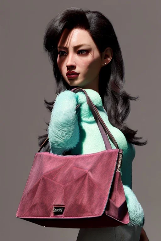 Woman bag made with muppet, Sesame Street style, fashion photo studio, unreal engine 5, god lights, ray tracing, RTX, lumen lighting, ultra detail, volumetric lighting, 3d.