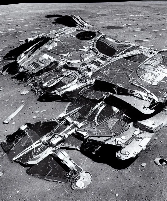 Crashed futuristic industrial mechanical space ship on the moon lunar surface