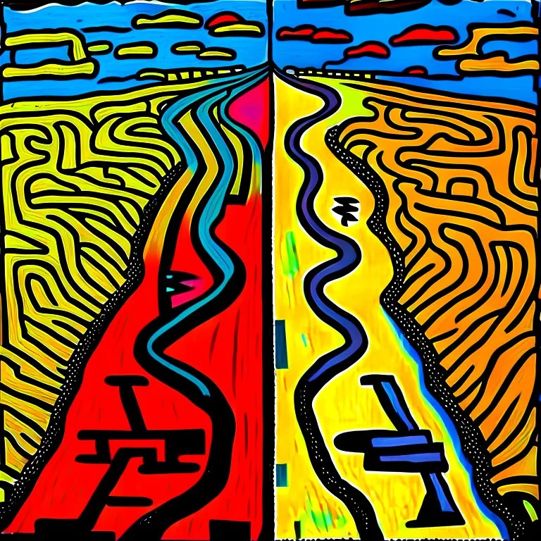 two roads diverged , art, oil colors, bright, keith haring, picasso, masterpiece