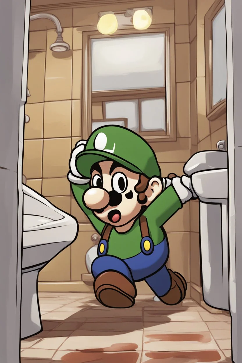 luigi from super mario peeing in the bathroom