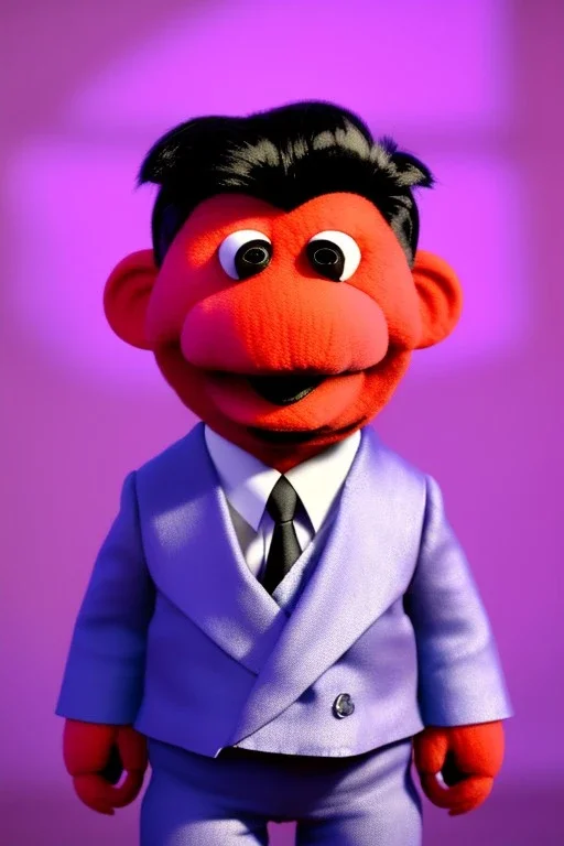 Waist up muppet Portrait, Kim Jong-un muppet doll, black suit, photo studio, red background, unreal engine 5, concept art, art station, god lights, ray tracing, RTX, lumen lighting, ultra detail, volumetric lighting, 3d.