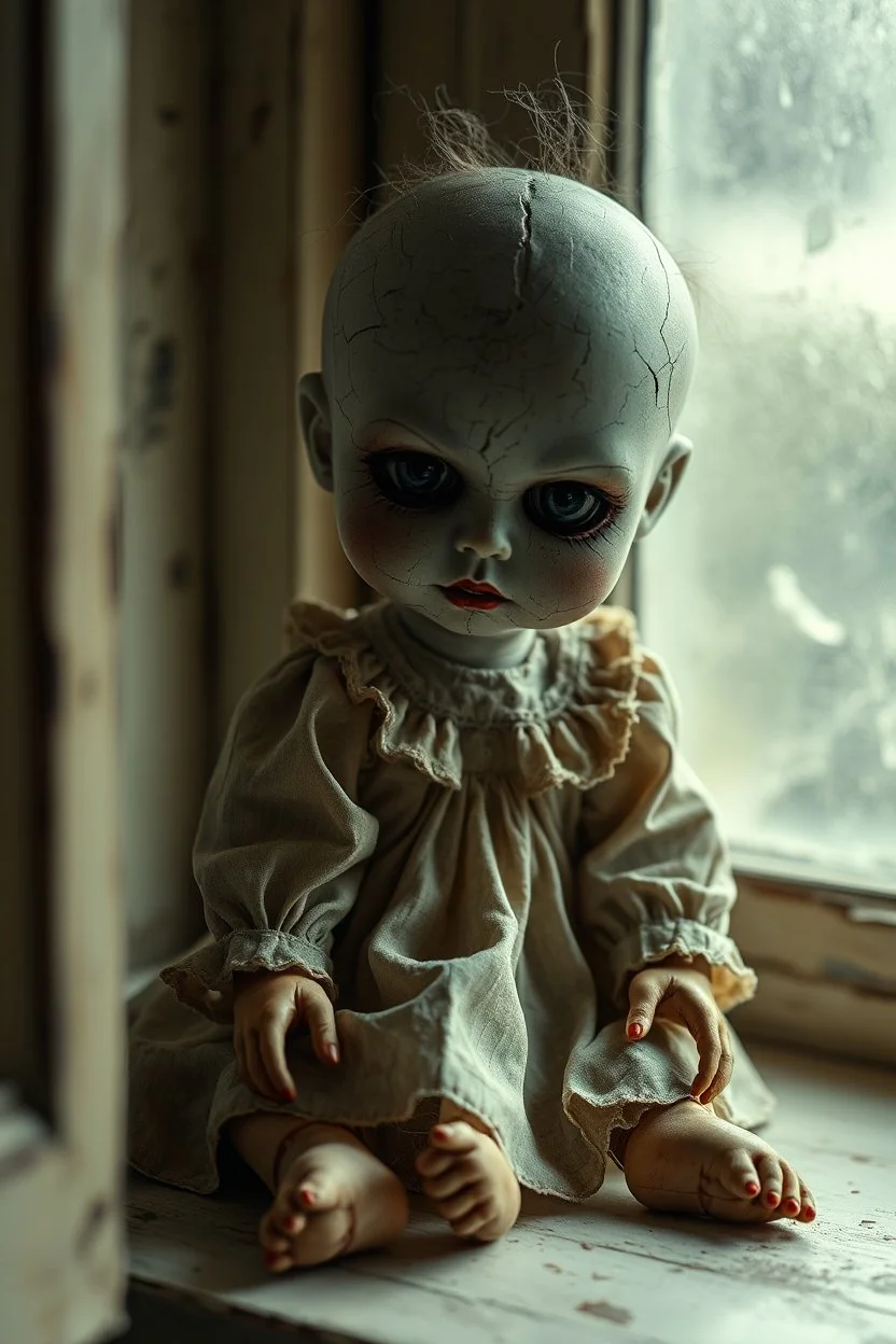 ooking at the camera a high realistic porcelain doll, old, dirty with old dress, sitting on shelf, in background blur cracked window. The figure has cracked face and head, and piercing big black eyes. High contrast, cinematic, thriller, dark, atmospheric. Surreal style , perfect composition, sharp focus, intricate details, crepy stunning