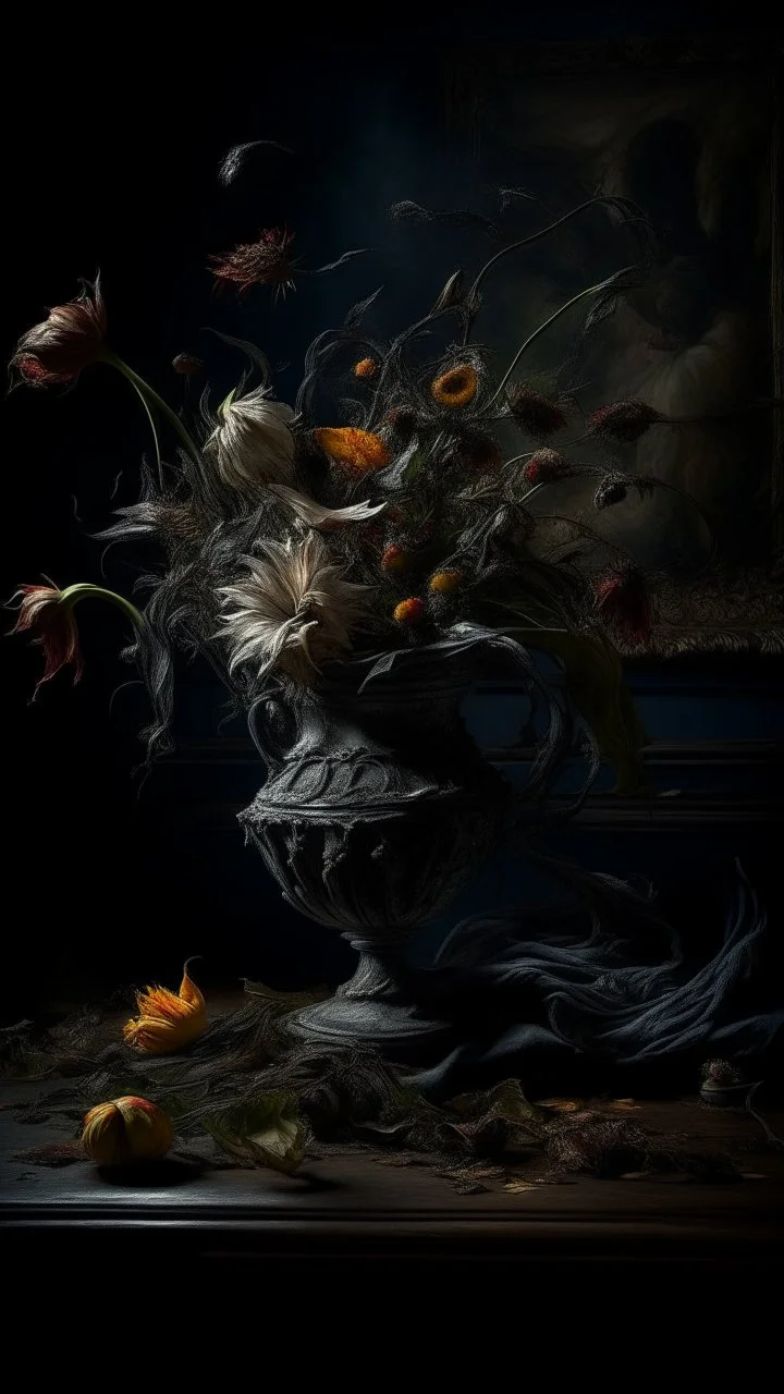 Bosch nightmares paining style Title:a vase with dry dark color flowers 8k artistic photography, photorealistic concept art, soft natural volumetric cinematic perfect light, chiaroscuro, award-winning photograph, masterpiece, oil on canvas, Raphael, Caravaggio, Greg Rutkowski, people, beksinski, Giger