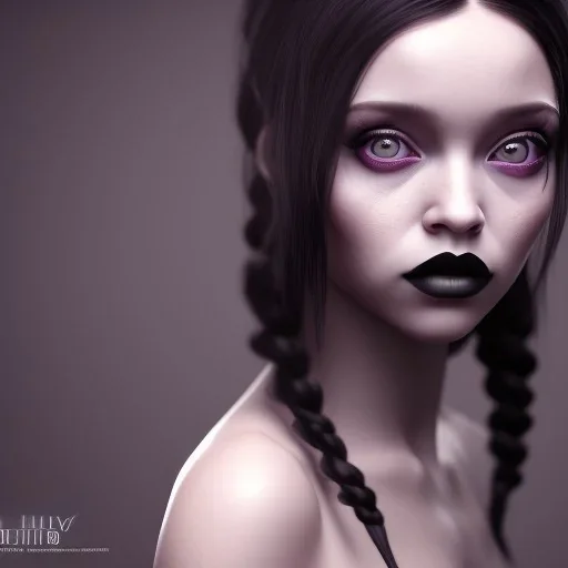 Female Jenna ortega black dress,soft goth libstick, wednesday addams family make up, brad double wig, dramatic lighting, highly detailed, volumetric lighting, unreal engine, 8k