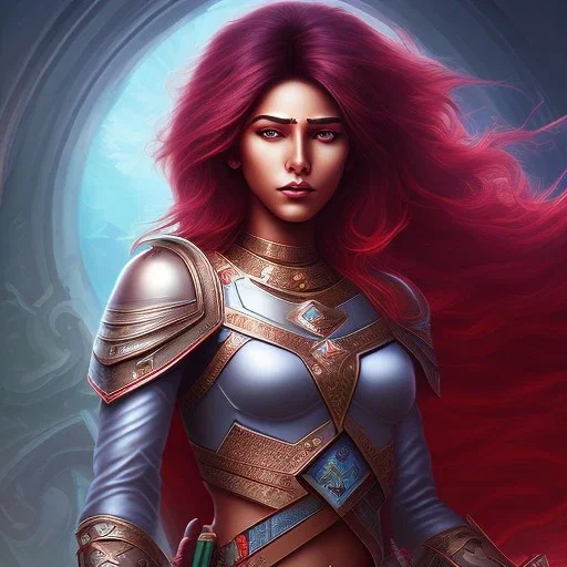 Fantasy setting, woman, dark-skinned, indian, ranger, 23 years old, wavy hair, red streaked hair, less red hair