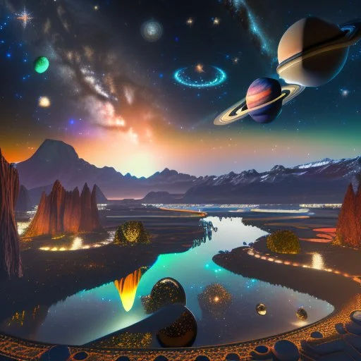 Beautiful view five planets Jupiter, Mercury, Venus, Uranus, Mars align sky universe filled with night stars constellations and milkyway. Modifiers: sharp focus extremely detailed Award winning photography fantasy intricate 8k beautiful dynamic lighting award winning fantastic view high definition crisp quality Unreal Engine colourful VRay