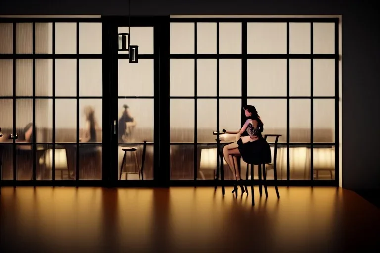 woman sitting in a cocktail bar next to a window, police station in window view, atmospheric ,night lighting,rainy, realistic, unity engine, cinematic lighting, octane render.