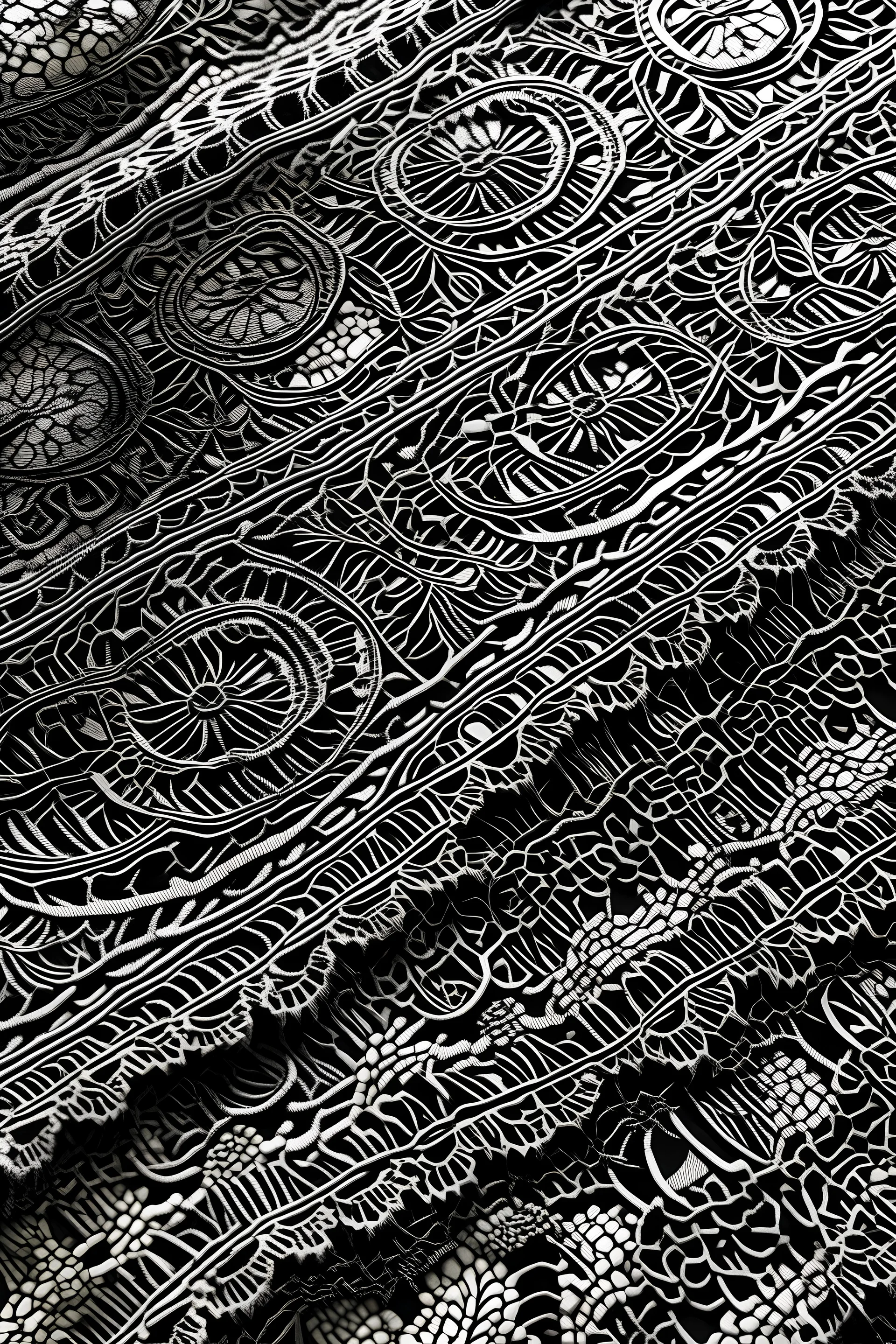 create a realistic flatlay image of black french chantilly pizzo laces pattern on a white matt surface, Solstiss, tilable, made for seamless Material, light creamy color, very detailed