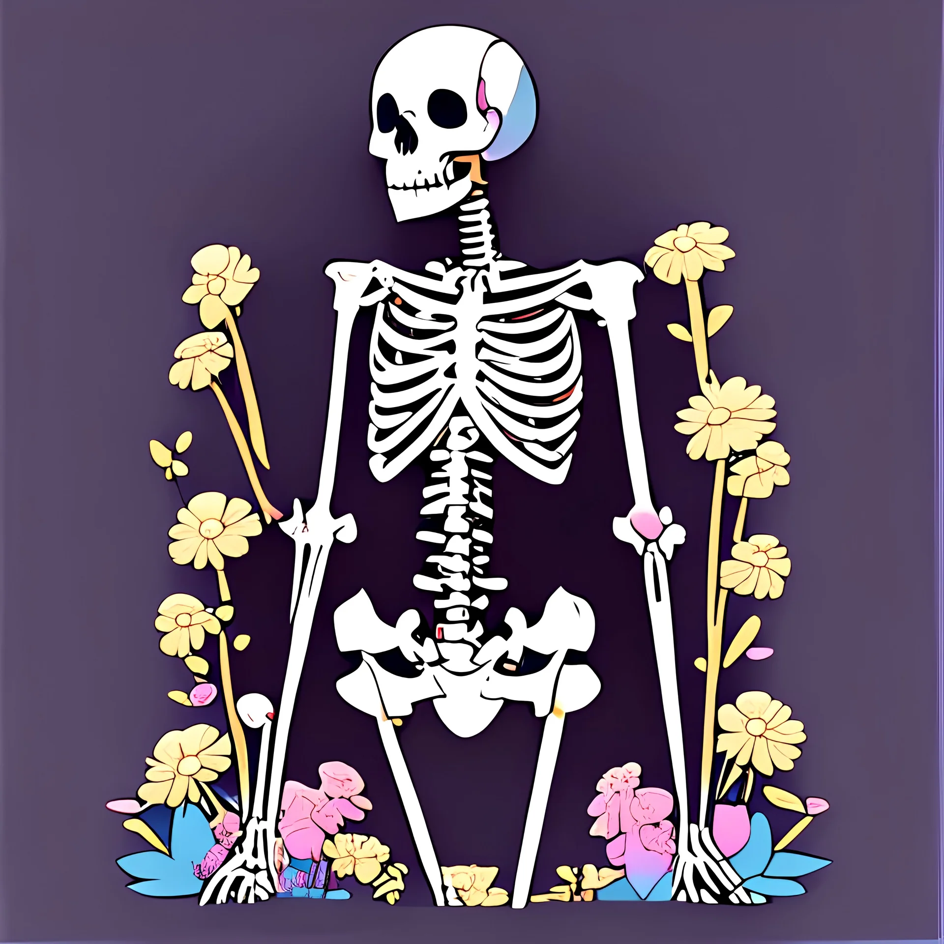 a skeleton with flowers between the bones, front view, anime style, flat colors, no background colors, waist up,
