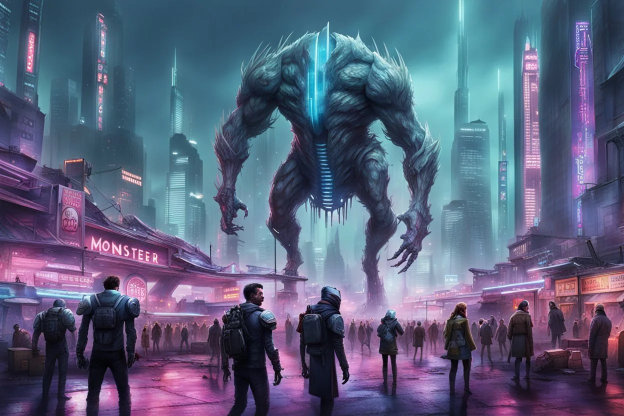 cities of the future cyberpunk in the monster stands on its hind legs