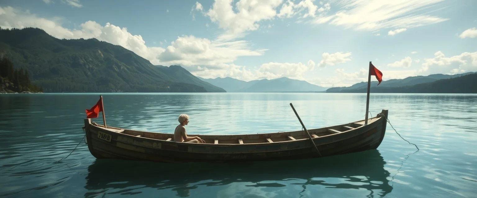 airbrush rendering, charon in life boat in lake, pinhole cam
