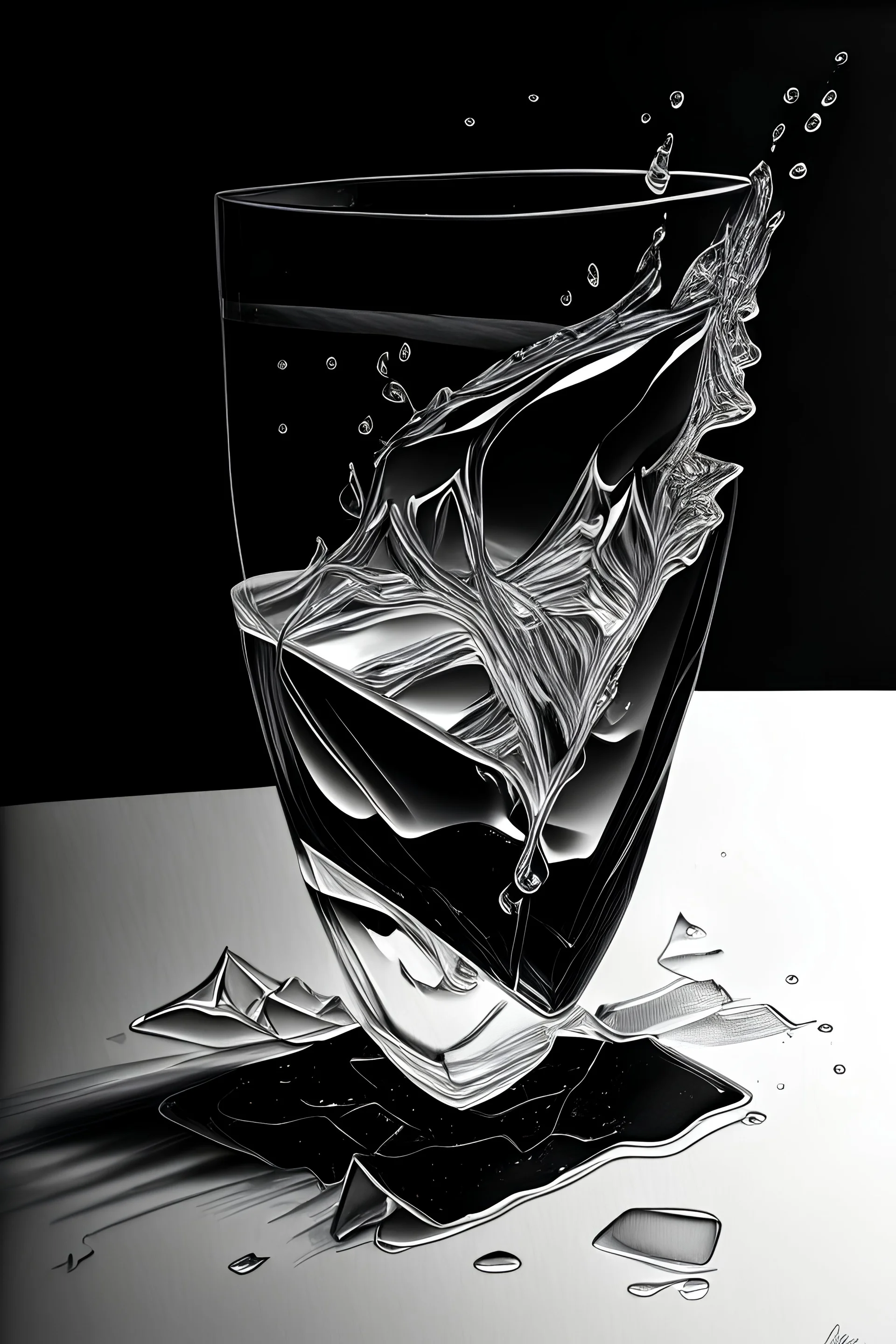 Drawing of a glass spilling over a black work style crystal