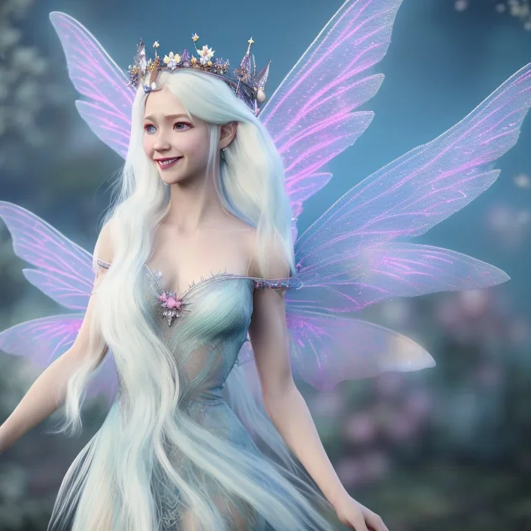 Fantasy fairy with transparent wings, smiling, make up, long platinum blond hair with crown and flowers, blue dress