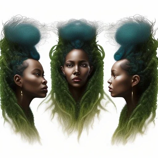 Painting .three women. A mother. Two daughter. Twins. A mother with her children. three young black women. wood nymphs emerging from the forest. Her hair looks like vines. Dreadlocs. Her skin is the colour of dark soil. Her skin looks like tree bark. Her clothing is made of vines, grass and leaves.