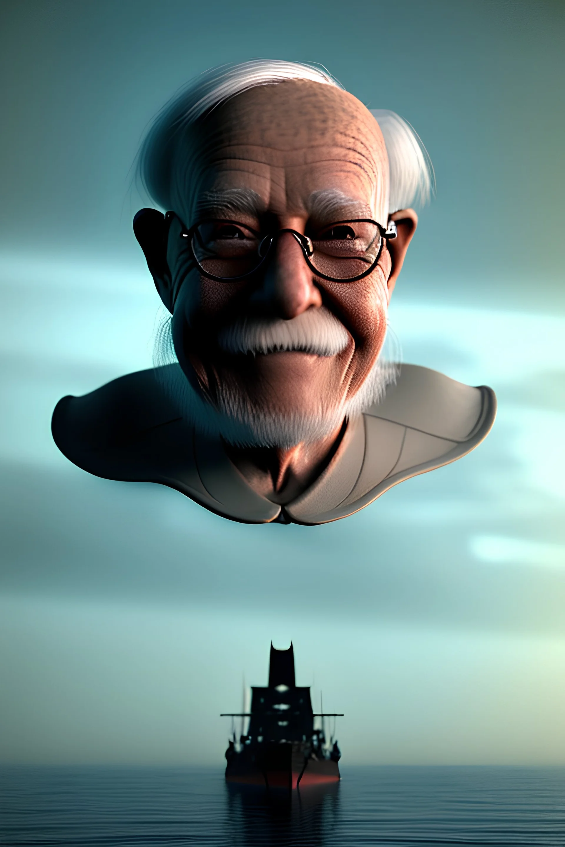 An old man sitting on a ship with batman