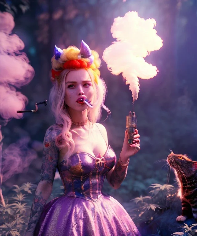 Ultra realistic wonderland photo, happy blonde woman smoking a shisha, blue dress, big purple-cat friend, circus dress style, old school tattoo, smoke, marijuana garden, glow eyes, perfect iris, soft color, highly detailed, unreal engine 5, cinematic, ultra detail, volumetric lighting, high definition.