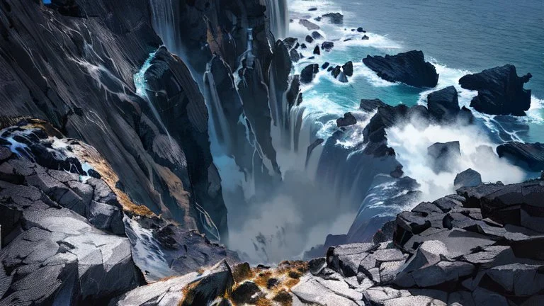 This mesmerizing ocean cliff scene captures the dramatic power and beauty of nature. Towering rugged cliffs stand majestically against the vast expanse of the ocean, where the water pours into a singular bottomless pit. The cliffs, with their sharp and jagged edges, create a stark contrast to the rough, flowing water, making the scene even more captivating. Sunlight pierces through the mist rising from the waterfalls, creating a magical, ethereal atmosphere