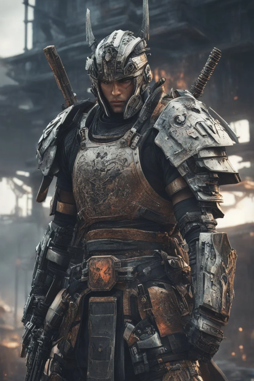 Close image of Anime depiction of a cybernetic samurai in a post-apocalyptic setting, focusing on the intricacies of the armor and weaponry, 8k realistic