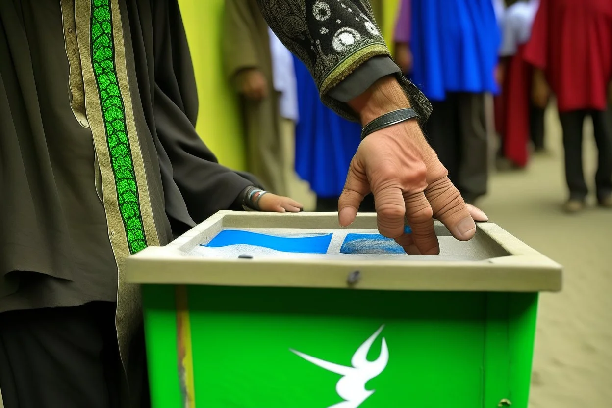 In a scene embodying the essence of democracy, a Pakistani citizen dressed in traditional Balochi attire proudly casts their vote in the country's elections. With a sense of duty and pride, the individual displays their ink-stained thumb, symbolizing their participation in the electoral process. In the background, the national flag of Pakistan waves proudly, while the ballot box provided by the Election Commission of Pakistan (ECP) stands as a testament to the nation's commitment to democratic p