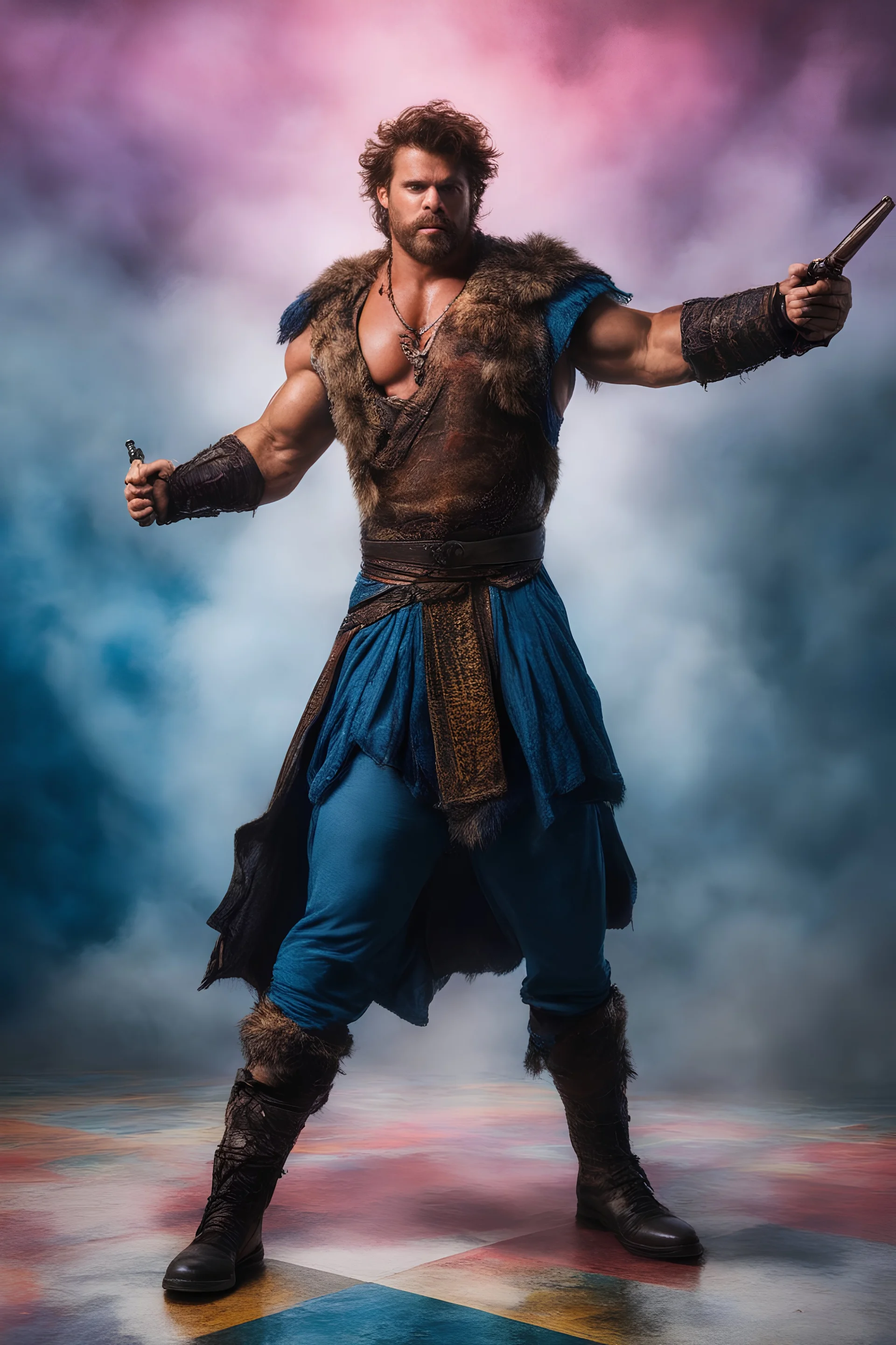 Connor Macleod, the Highlander, extremely huge, overexaggerated muscles, posing and flexing in a front of the camera, random extreme action poses, an extremely colorful, multicolored foggy blue marble wall in the background with a colorful marble tile floor, multicolored lightning, realism engine,