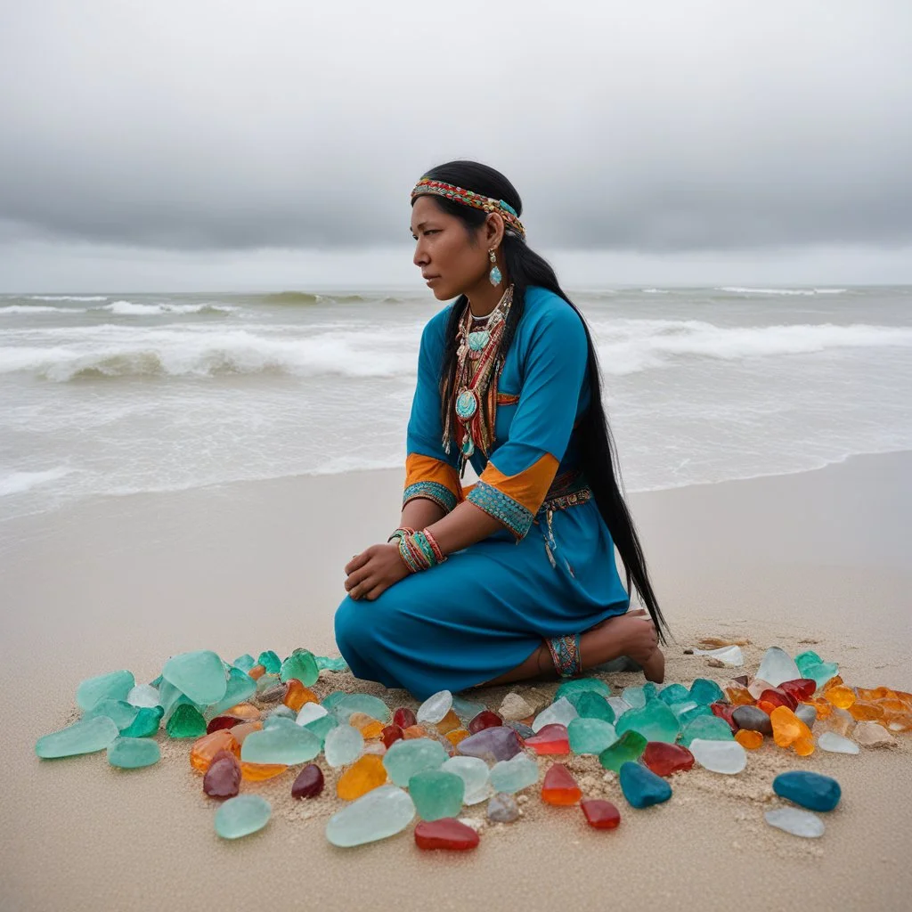 An American Indian woman, adorned in vibrant traditional attire, kneels on the shore with reverence, searching for sea glass. Against an overcast sky, she sifts through sand, collecting gems that hold the sea's secrets, each piece a memory of ocean journeys.