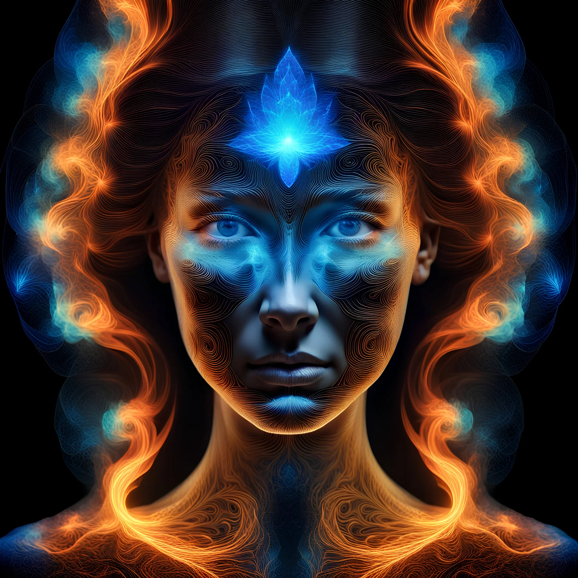 Full figure a (hologram:1.8) of a woman’s face on a black background,Shutterstock, metaphysical painting, fractal fire, spiritual evolution, hologram, metaphysical painting,DSLR camera Sony Alpha 7 50mm 1.8,medium shot,high-resolution image with fine details