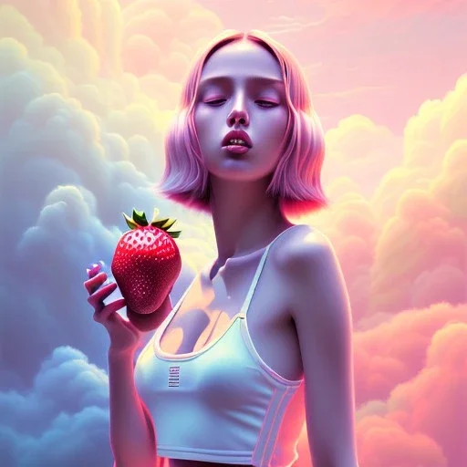 tropic landscape, white background, aerographic style,realistic painting of a beautiful girl and a big jar of marmelade,volumetric blue clouds,pink sky environment and flying strawberries in background, volumetric lighting,dramatic lighting, detailed digital painting, extreme dense and fine fur, anime, ornate, colour-washed colors, elegant, small minutiae, tiny features, particulars, centered, smooth, sharp focus, renderman gofur render, 8k, uhd, detailed eyes, real