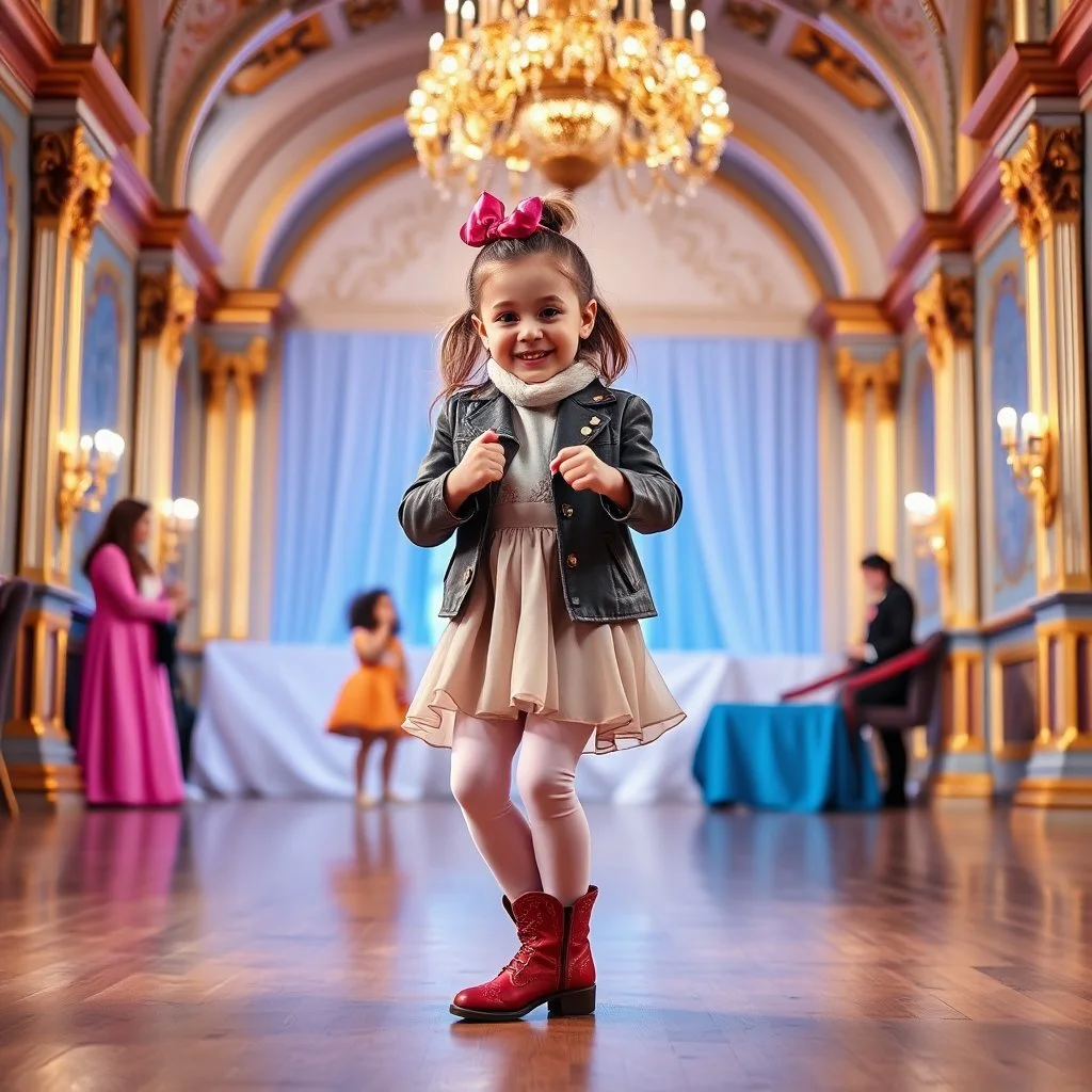 a 2 years old girl in modern clothing and makeup dancing with cute and joy with pertty boots in a modern royal hall