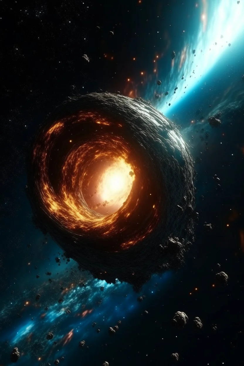 A mother big spaceship getting out an Intense worm Hole explosion in deep space. Wormhole apocalypse wipes out Universe. Worm-hole collision explodes in outer space. Epic galaxy with growing black hole. Cinematic interstellar