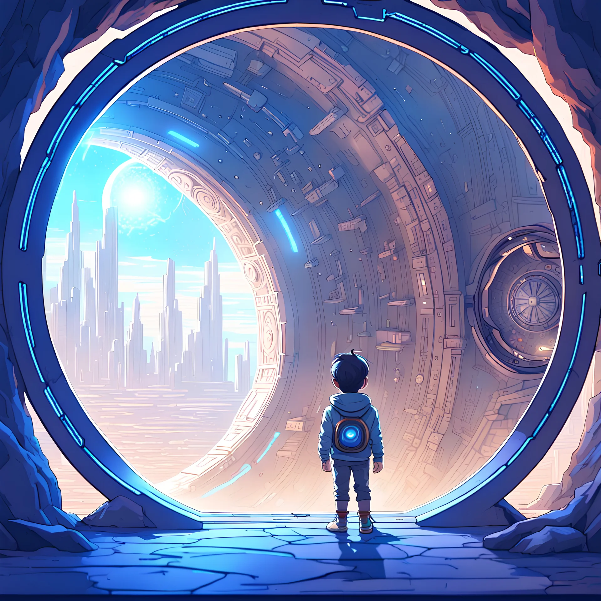 a little boy looking through a large magical portal, the boy sees a futuristic human civilization in that portal, extremely detailed, trending on artstation, 8k