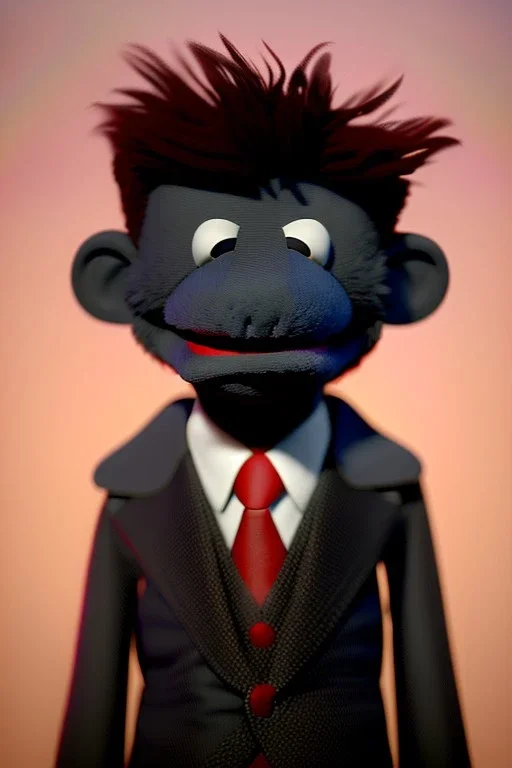 Waist up muppet Portrait, Kim Jong-un muppet doll, black suit, photo studio, red background, unreal engine 5, concept art, art station, god lights, ray tracing, RTX, lumen lighting, ultra detail, volumetric lighting, 3d.