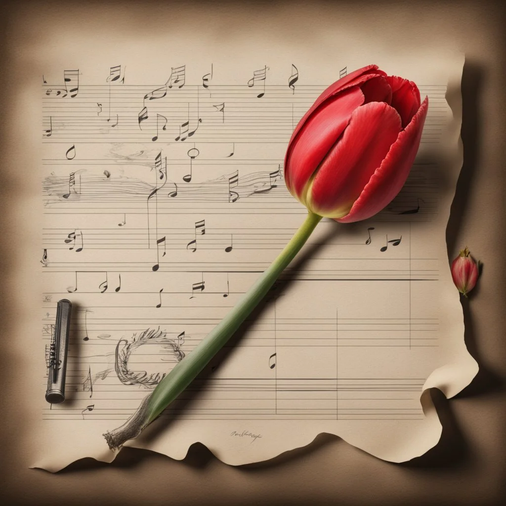 Hyper realistic red tulip on the side of a vintage paper with harmonica instrument & small musical notes