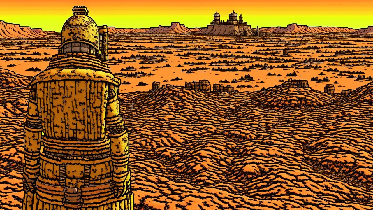 Desert warrior from behind looking at a city in the distance, comic style