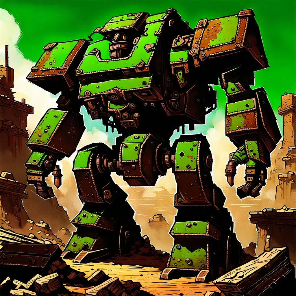 90's fantasy tcg art of a giant junk mech made of multiple parts in the ruins of a post apocalyptic green sludge junkyard