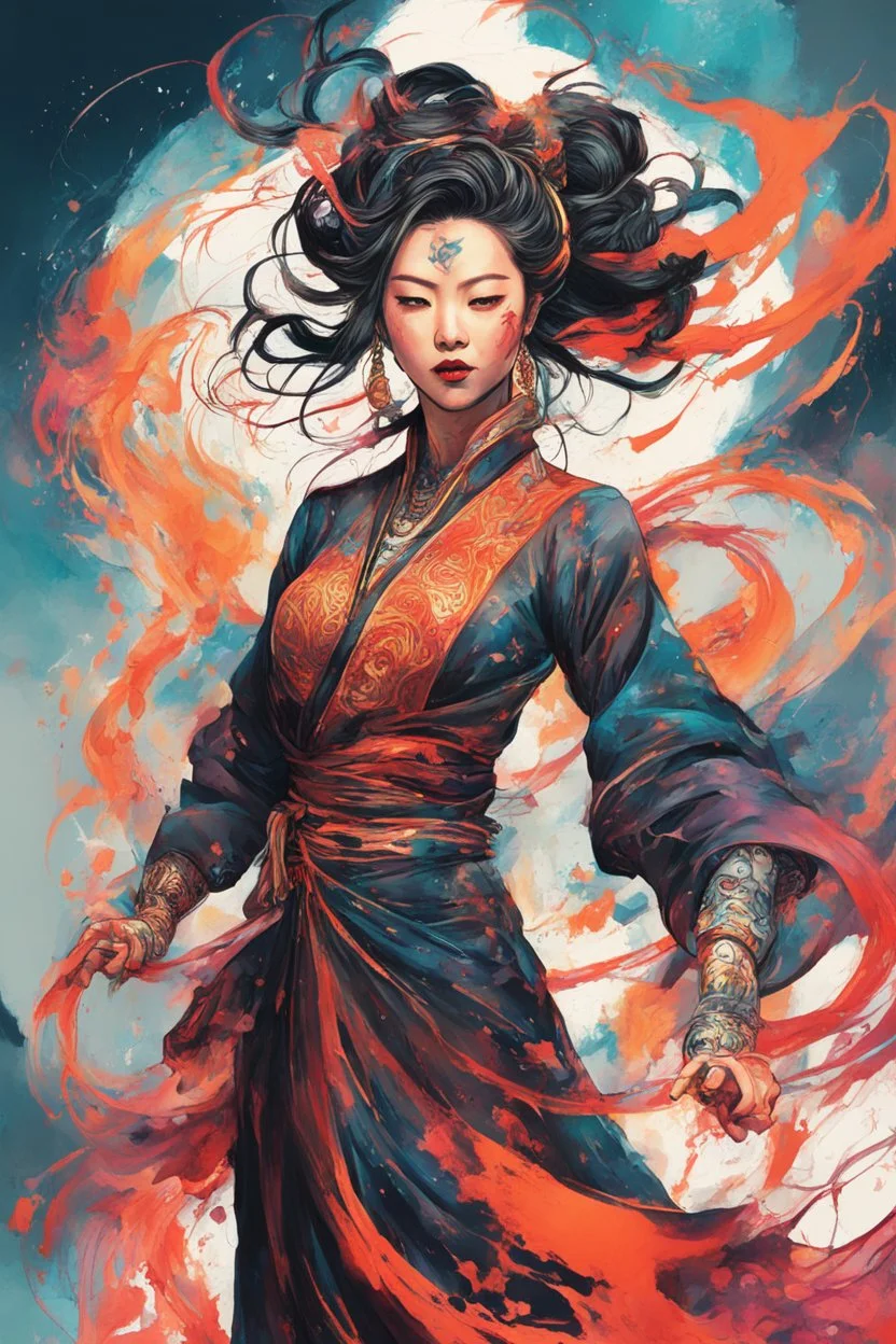 create an abstract expressionist full body illustration of a darkly magical, Chinese sorceress with highly detailed and deeply cut facial features, searing lines and forceful strokes, precisely drawn, boldly inked, with rich striking sky colors