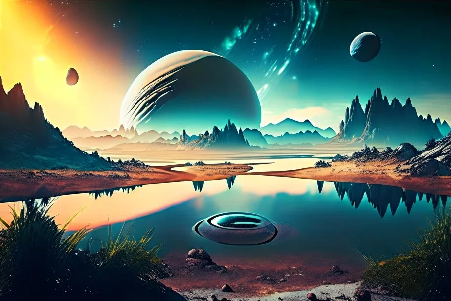 Alien landscape with exoplanet in the sky, over the valley. Pond, cinematic, movie poster