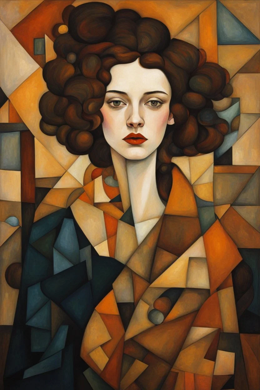 Woman in the cubism style of argon Schiele + Gustav Klimt. Rich, lovely colors, full cubism style