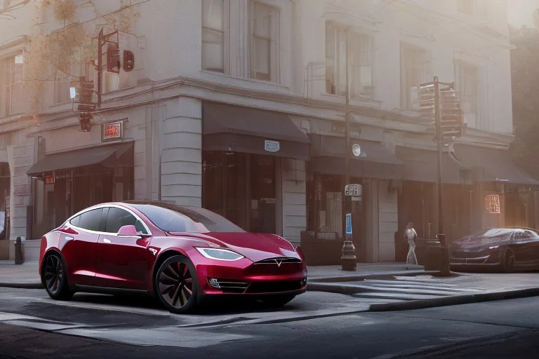 A Tesla 'Model S' is parked, on the streets of San Francisco. (CINEMATIC, WIDE ANGLE LENS, PHOTO REAL)