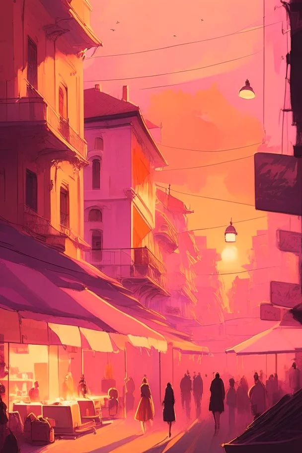 sunset, light pink, light orange, light yellow, light violet, buildings, city, people, market, houses, streets, lamps