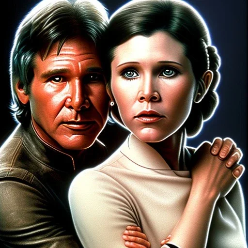 carrie fisher embracing harrison ford, waist up portrait, photorealistic faces, intricate, oil on canvas, masterpiece, expert, insanely detailed, 4k resolution, cinematic smooth, intricate detail , soft smooth lighting, soft pastel colors,