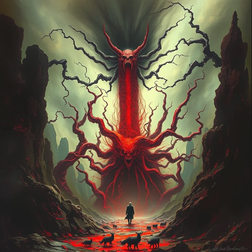 Unleashed Chaos, by Zdzislaw Beksinski and Clive Barker, Lovecraftian metaphoric illustration, failing the reality test, surreal, moody, sinister, profound, fantastical,