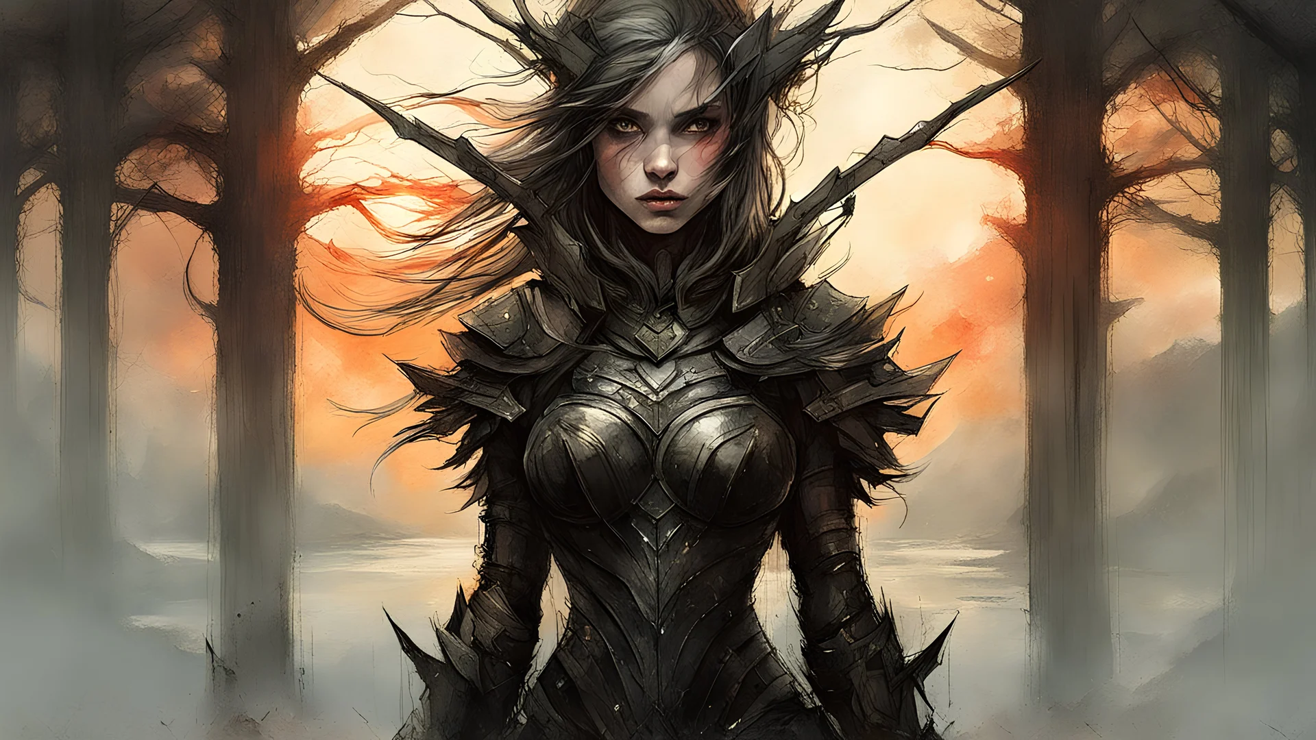 A formidable warrior girl in black armor, against monster, against the background of an amazing gloomy landscape flooded with sunset, mountains, trees, a fabulous scary hero, juicy emotions, painting, gloomy fantasy, gloomy day, dark world, portrait, oil and graphite, wide strokes, a weaving frame around, by Ryohei Hase, Agnes Cecile, Raymond Swanland, Anne Bachelier