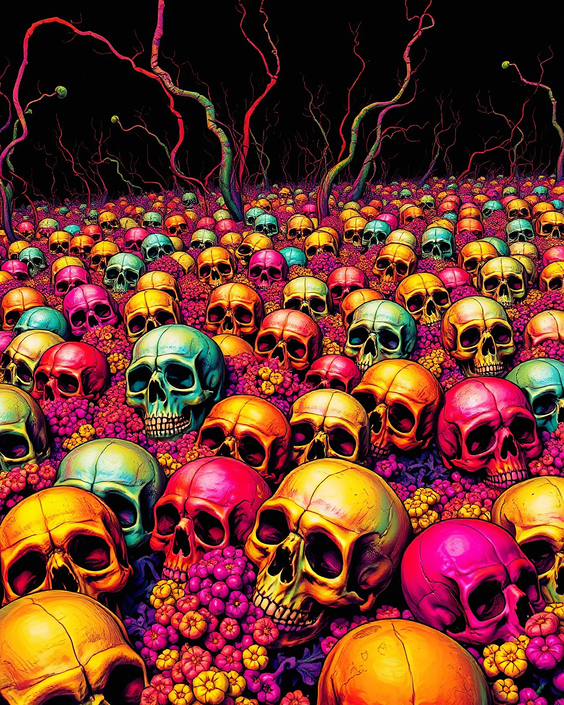 a field of skulls, multi colored, bright, vivid, psychedelic, high detailed, matte, bunches and bubbled up clumps, horrorcore, vines, unsettling contrast