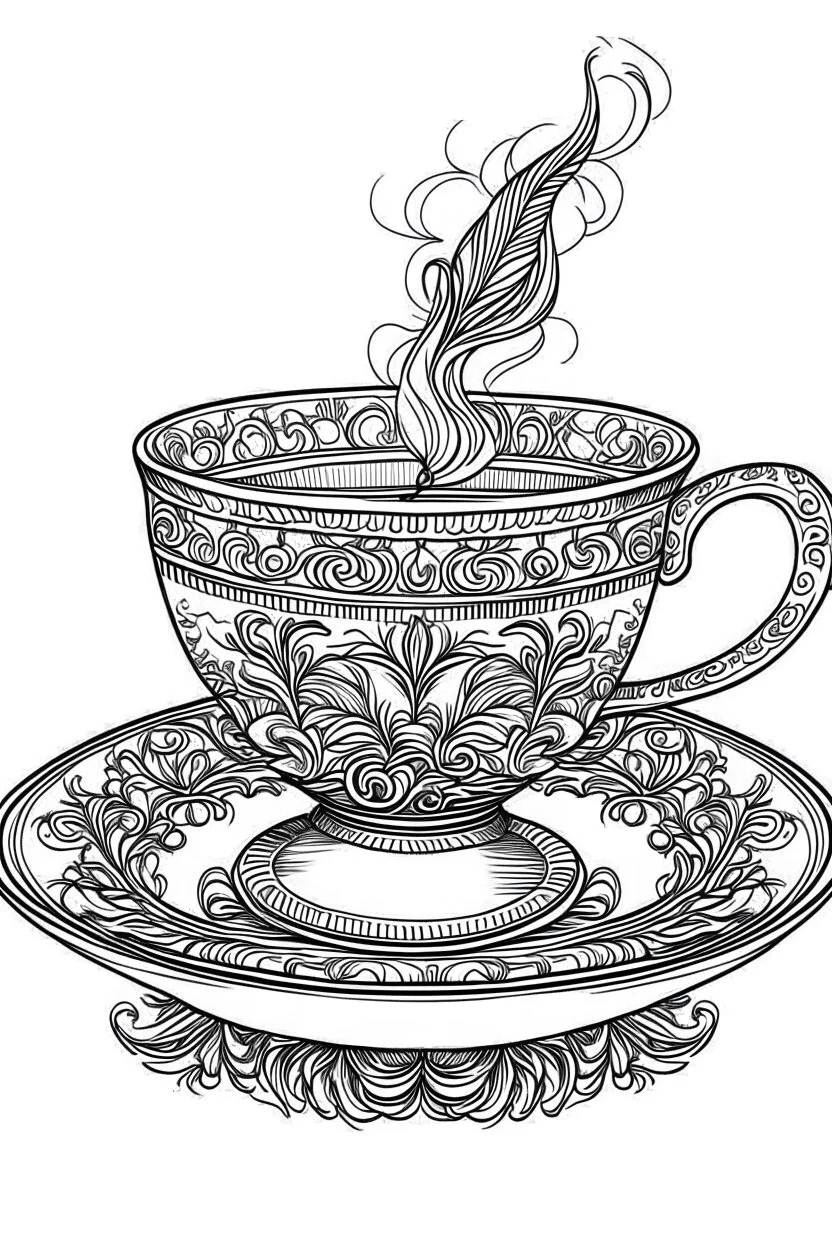 Outline art for coloring page, A TURKISH TEACUP NEXT TO A LIT CIGARETTE, coloring page, white background, Sketch style, only use outline, clean line art, white background, no shadows, no shading, no color, clear