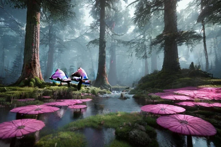 Fantasy dreamworks forêt maison dans les grands arbres avec champignons roses et une rivière bordée de grandes fleurs roses, lumiere volumetrique, unity engine, HQ